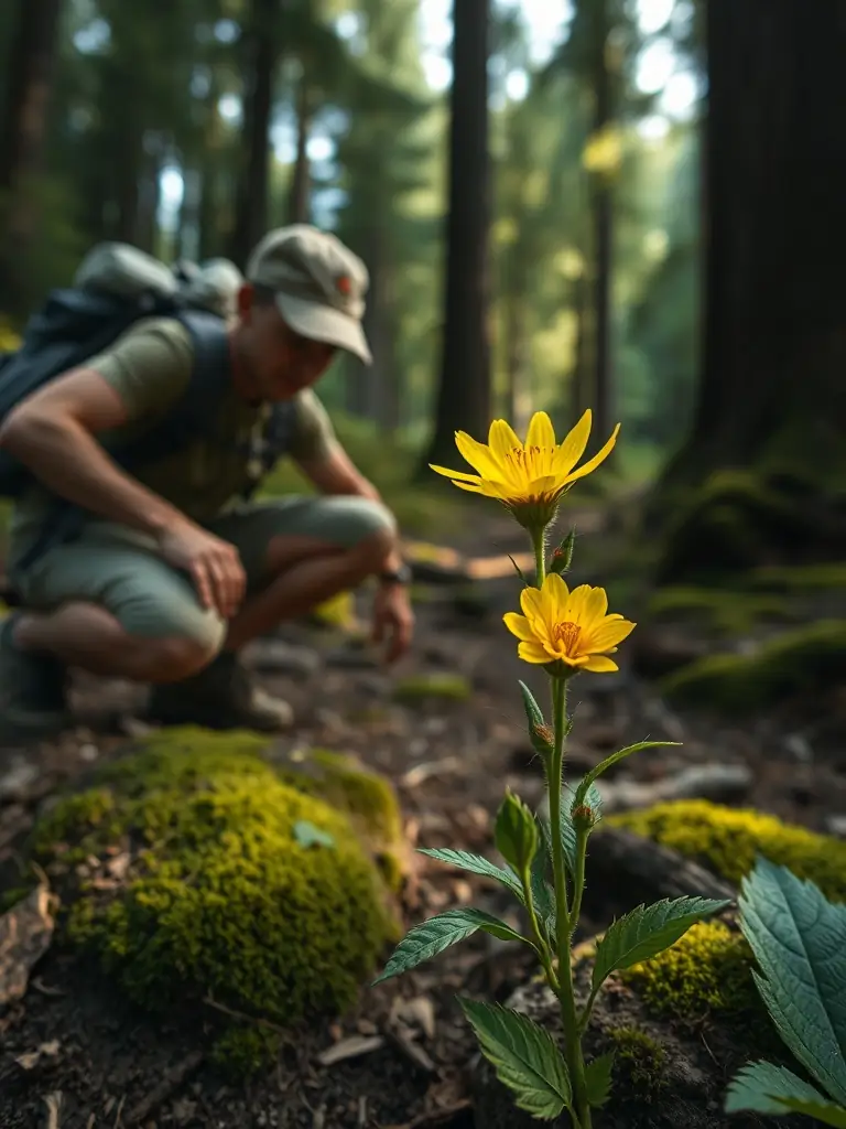 Hikers carefully observing and photographing a rare wildflower along a trail, emphasizing the environmental stewardship aspect of ARRV.