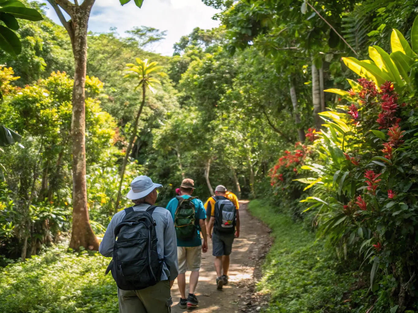 A group of hikers walking along a forest trail with lush greenery and scenic views in the background, representing the guided hiking tours offered by ASSOCIATION RANDO RANCE ET VALLONS.