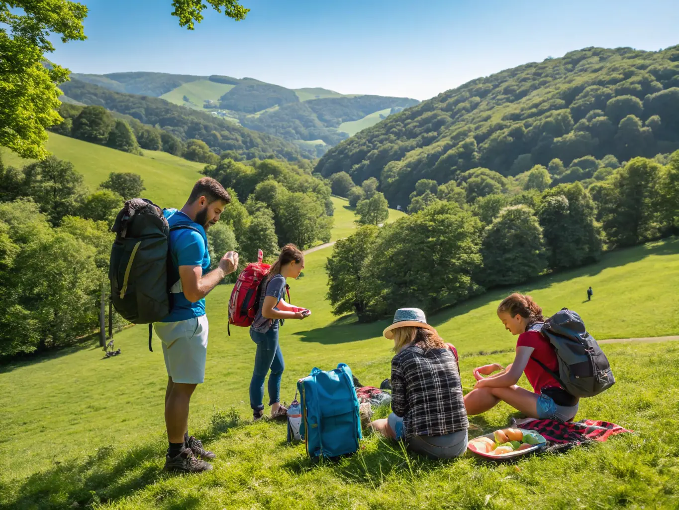 A scenic image of a group of hikers enjoying a social gathering after a hike, showcasing the community aspect of ASSOCIATION RANDO RANCE ET VALLONS.