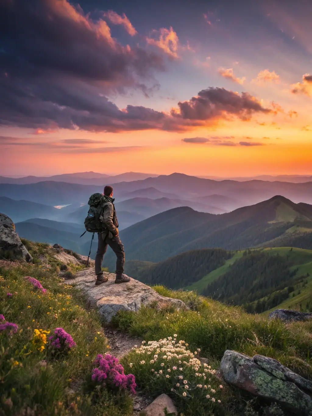 A hiker reaching the summit of a hill, arms raised in triumph, with a panoramic view of rolling hills and forests in the background, symbolizing improved fitness.