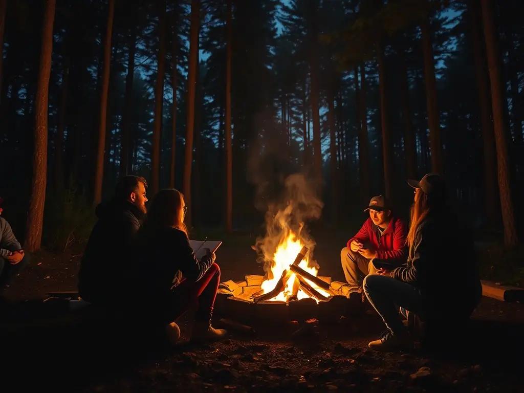 A group of hikers gathered around a campfire during a social event organized by ARRV, fostering community and camaraderie among members.
