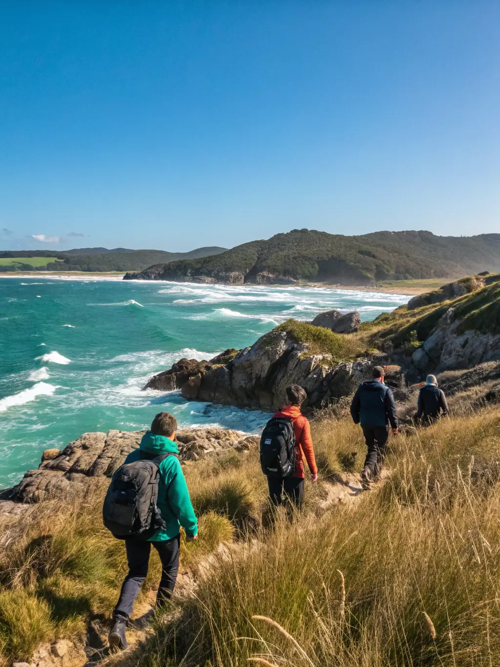 A group of diverse hikers laughing and chatting as they ascend a gentle slope on a sunny day, showcasing the social aspect of hiking with ARRV.